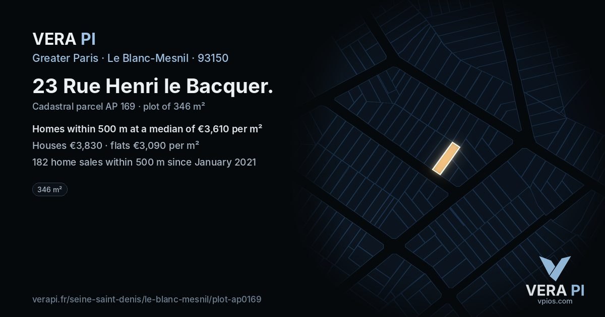 23 Rue Henri le Bacquer, Le Blanc-Mesnil at night – the plot lit, the parcels around coloured by the prices near them