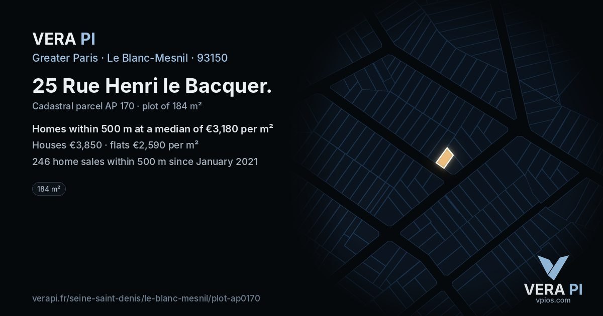 25 Rue Henri le Bacquer, Le Blanc-Mesnil at night – the plot lit, the parcels around coloured by the prices near them
