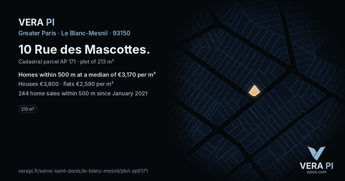 10 Rue des Mascottes, Le Blanc-Mesnil at night – the plot lit, the parcels around coloured by the prices near them