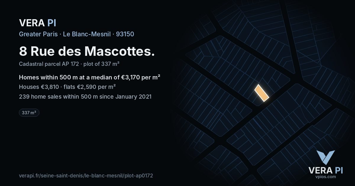 8 Rue des Mascottes, Le Blanc-Mesnil at night – the plot lit, the parcels around coloured by the prices near them