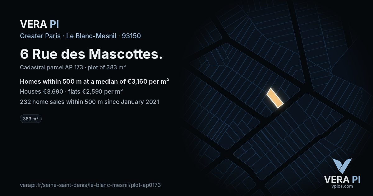 6 Rue des Mascottes, Le Blanc-Mesnil at night – the plot lit, the parcels around coloured by the prices near them