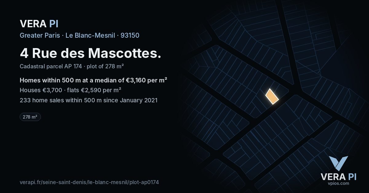 4 Rue des Mascottes, Le Blanc-Mesnil at night – the plot lit, the parcels around coloured by the prices near them