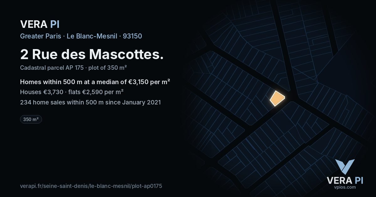 2 Rue des Mascottes, Le Blanc-Mesnil at night – the plot lit, the parcels around coloured by the prices near them