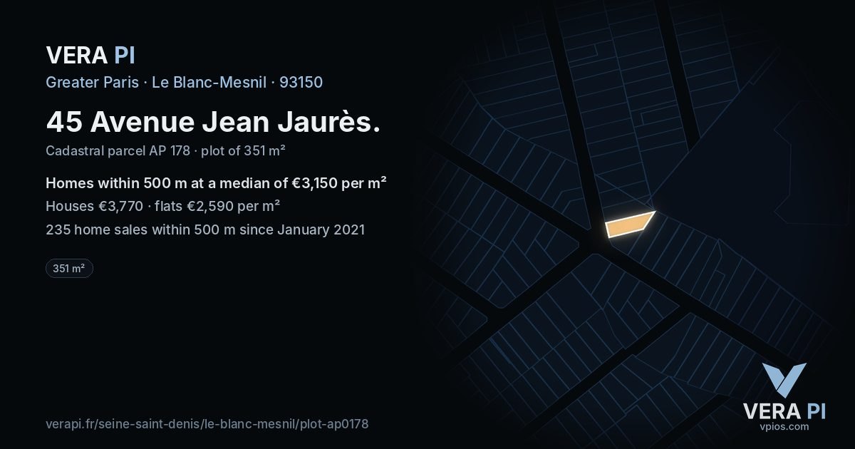 45 Avenue Jean Jaurès, Le Blanc-Mesnil at night – the plot lit, the parcels around coloured by the prices near them