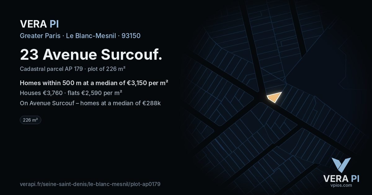 23 Avenue Surcouf, Le Blanc-Mesnil at night – the plot lit, the parcels around coloured by the prices near them