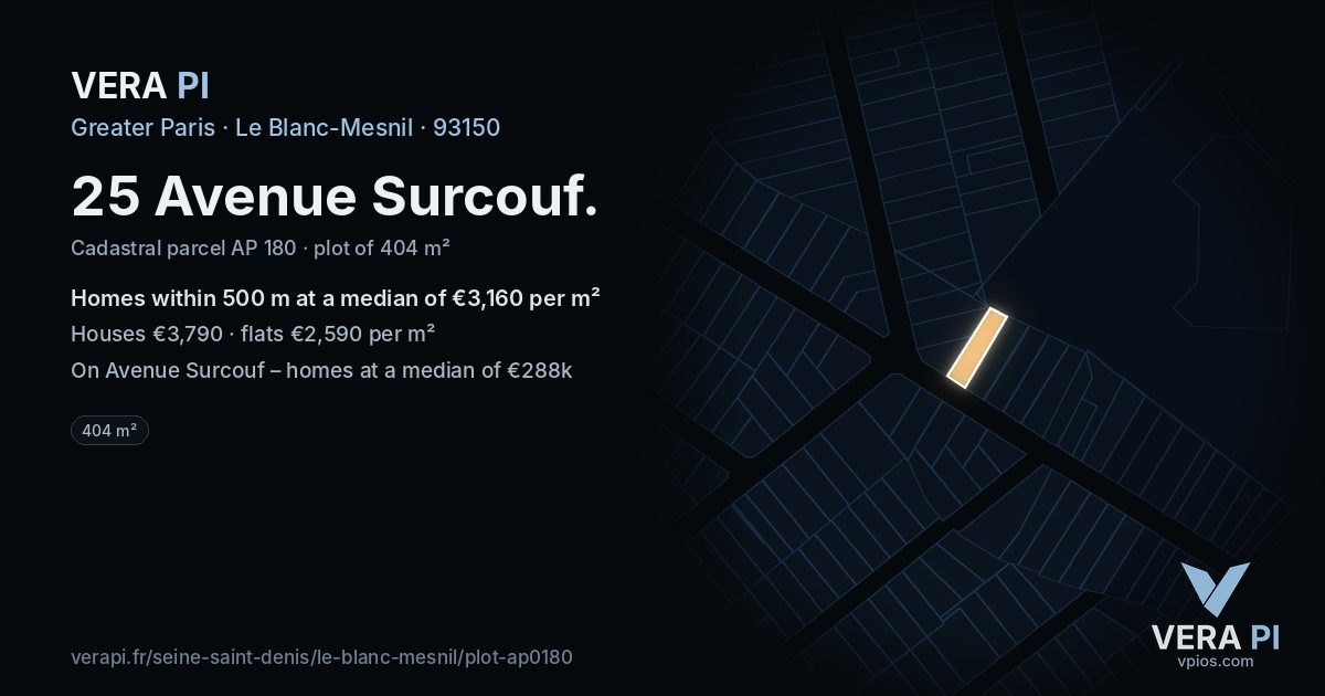 25 Avenue Surcouf, Le Blanc-Mesnil at night – the plot lit, the parcels around coloured by the prices near them