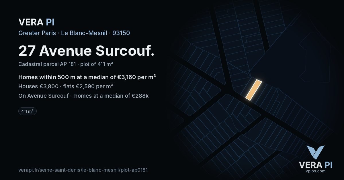 27 Avenue Surcouf, Le Blanc-Mesnil at night – the plot lit, the parcels around coloured by the prices near them