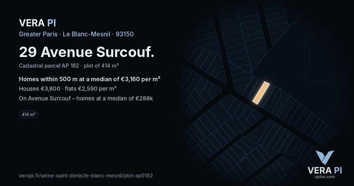 29 Avenue Surcouf, Le Blanc-Mesnil at night – the plot lit, the parcels around coloured by the prices near them