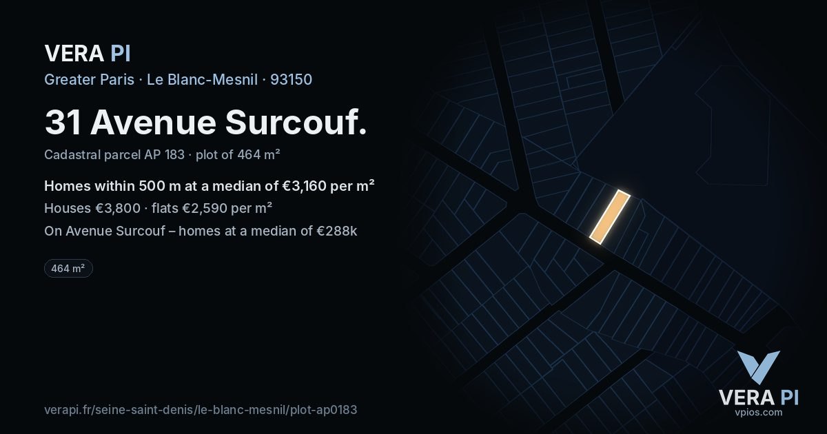 31 Avenue Surcouf, Le Blanc-Mesnil at night – the plot lit, the parcels around coloured by the prices near them