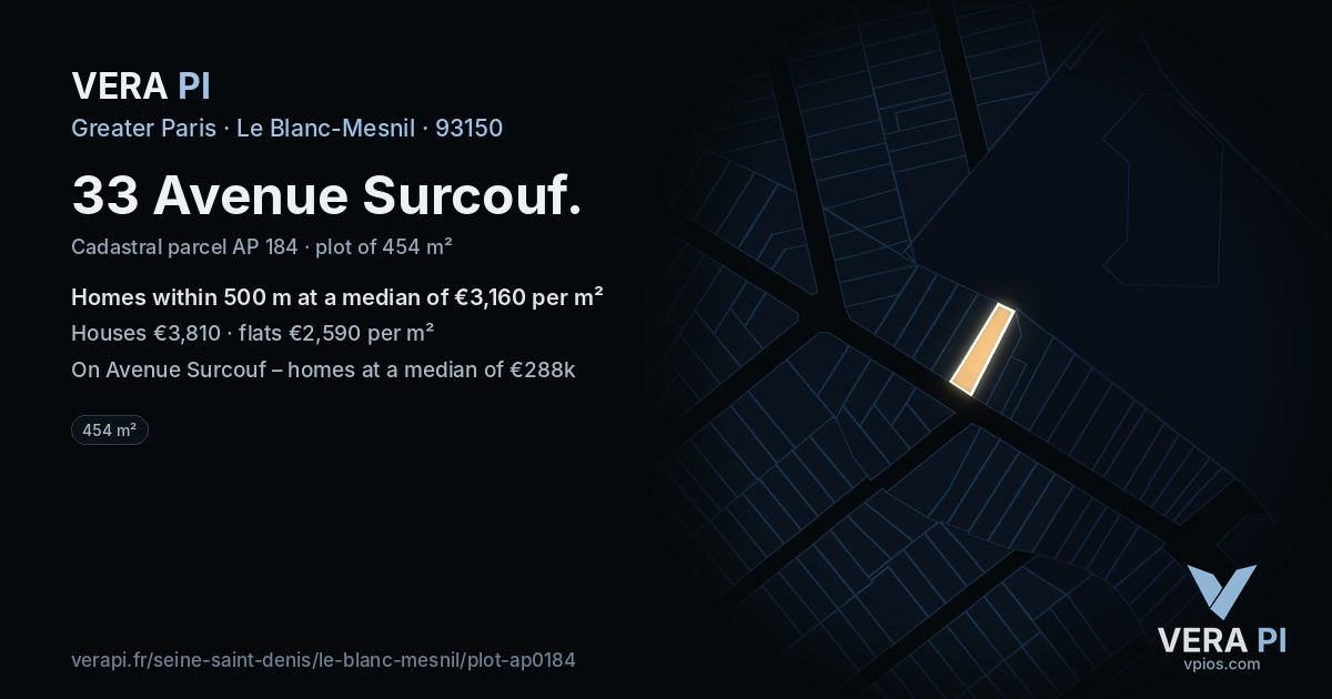33 Avenue Surcouf, Le Blanc-Mesnil at night – the plot lit, the parcels around coloured by the prices near them