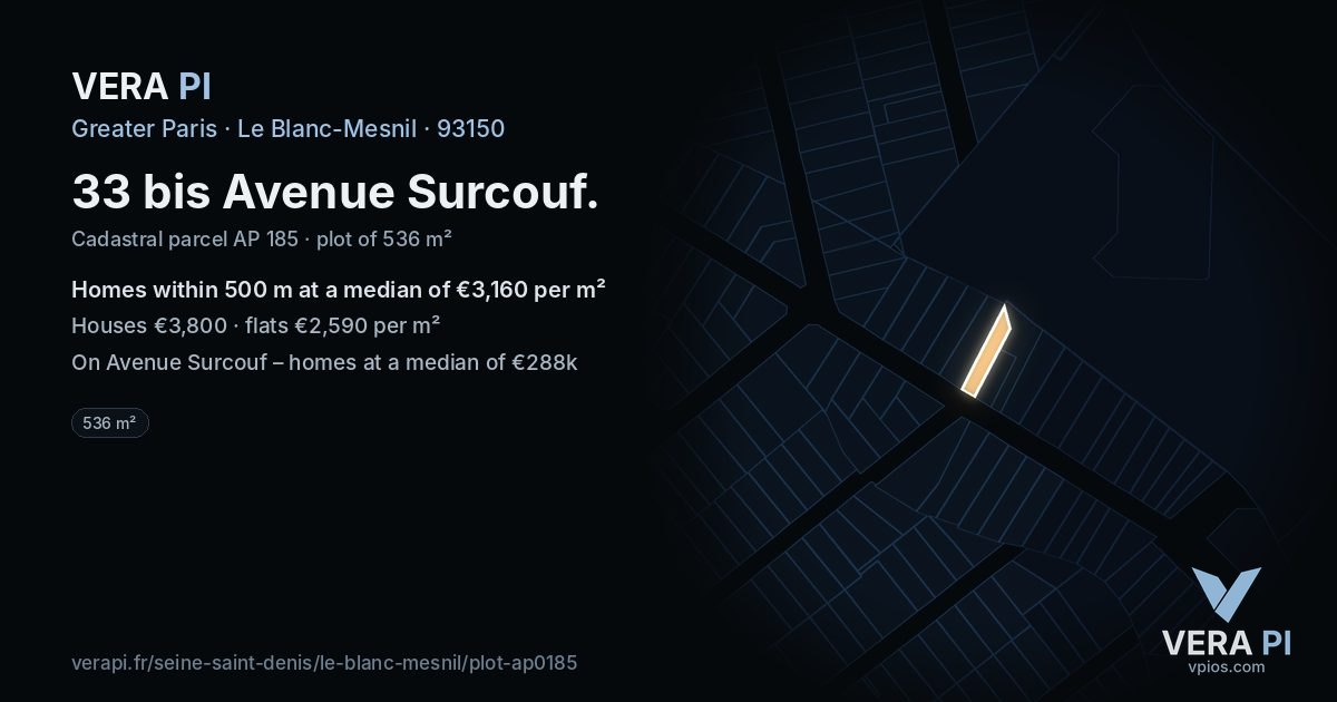 33 bis Avenue Surcouf, Le Blanc-Mesnil at night – the plot lit, the parcels around coloured by the prices near them