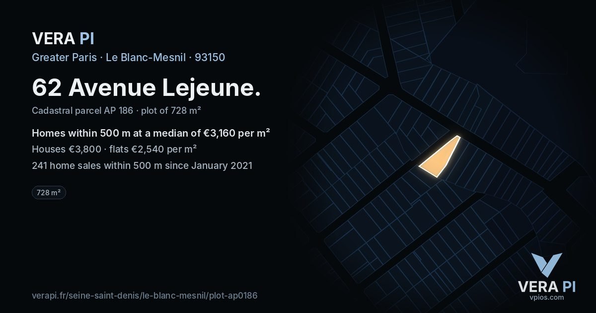 62 Avenue Lejeune, Le Blanc-Mesnil at night – the plot lit, the parcels around coloured by the prices near them