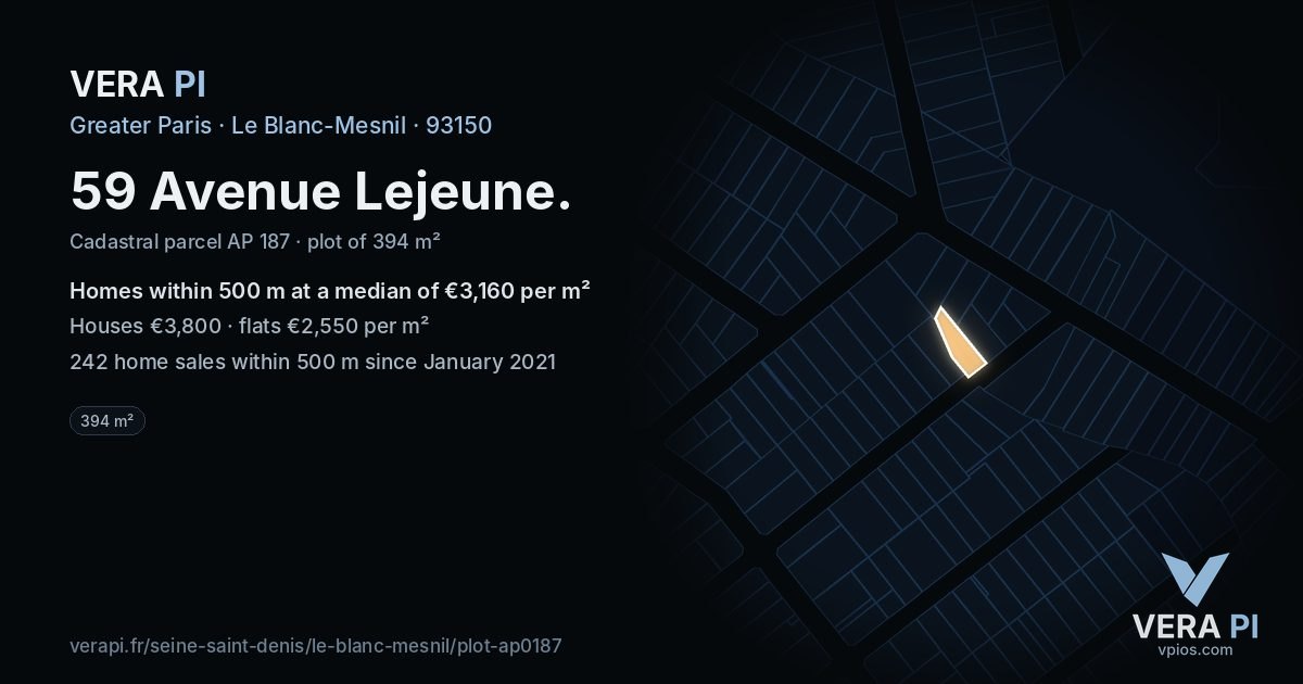 59 Avenue Lejeune, Le Blanc-Mesnil at night – the plot lit, the parcels around coloured by the prices near them
