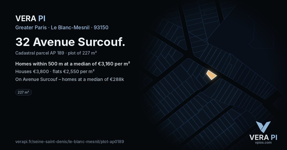 32 Avenue Surcouf, Le Blanc-Mesnil at night – the plot lit, the parcels around coloured by the prices near them
