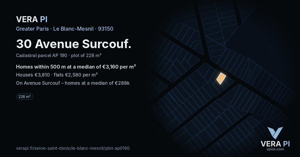 30 Avenue Surcouf, Le Blanc-Mesnil at night – the plot lit, the parcels around coloured by the prices near them