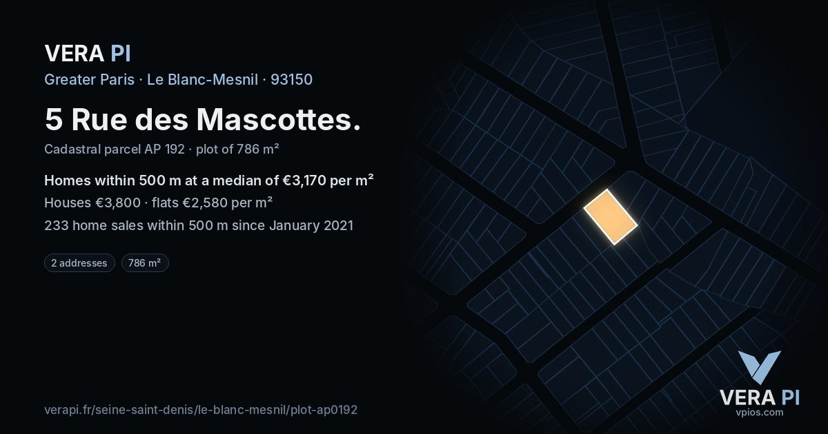 5 Rue des Mascottes, Le Blanc-Mesnil at night – the plot lit, the parcels around coloured by the prices near them