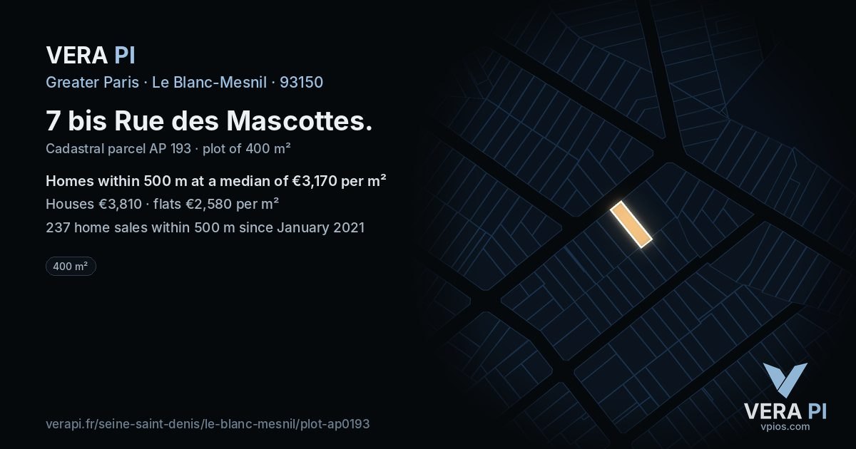 7 bis Rue des Mascottes, Le Blanc-Mesnil at night – the plot lit, the parcels around coloured by the prices near them