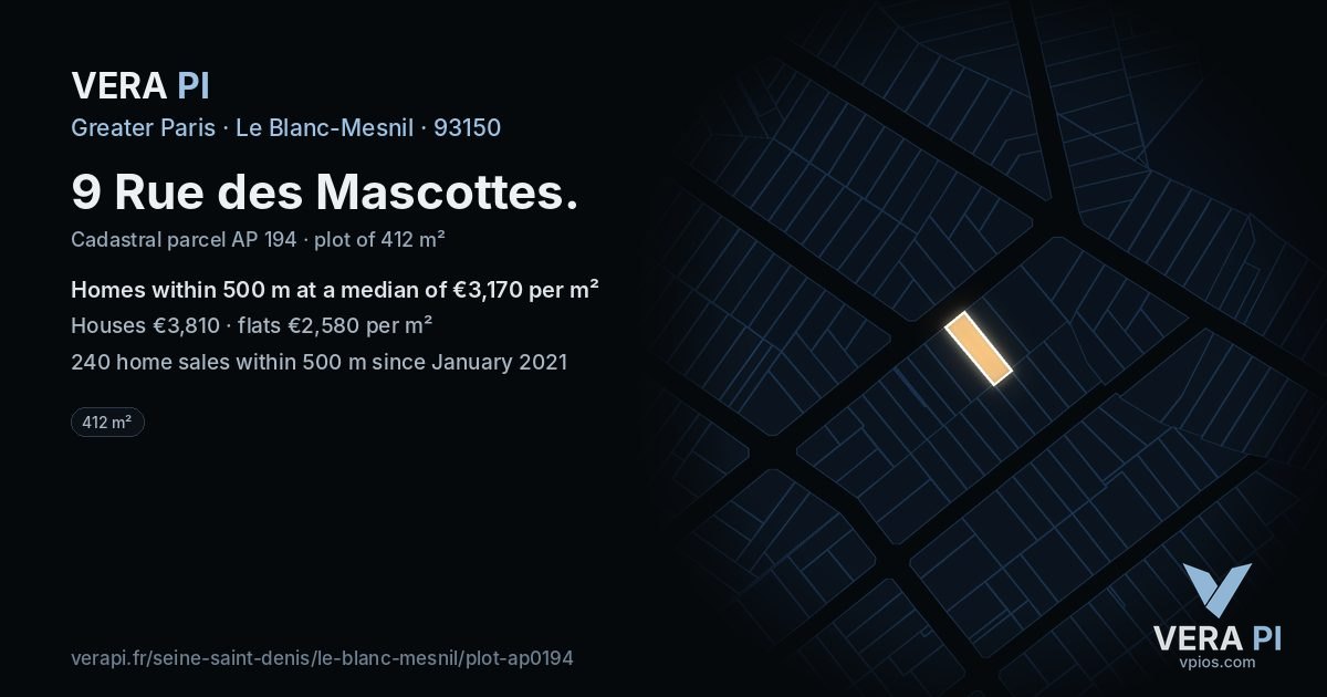 9 Rue des Mascottes, Le Blanc-Mesnil at night – the plot lit, the parcels around coloured by the prices near them