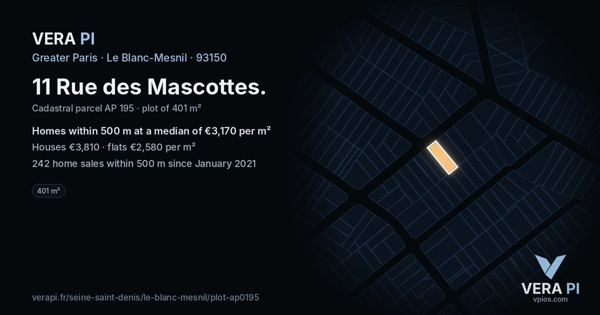 11 Rue des Mascottes, Le Blanc-Mesnil at night – the plot lit, the parcels around coloured by the prices near them