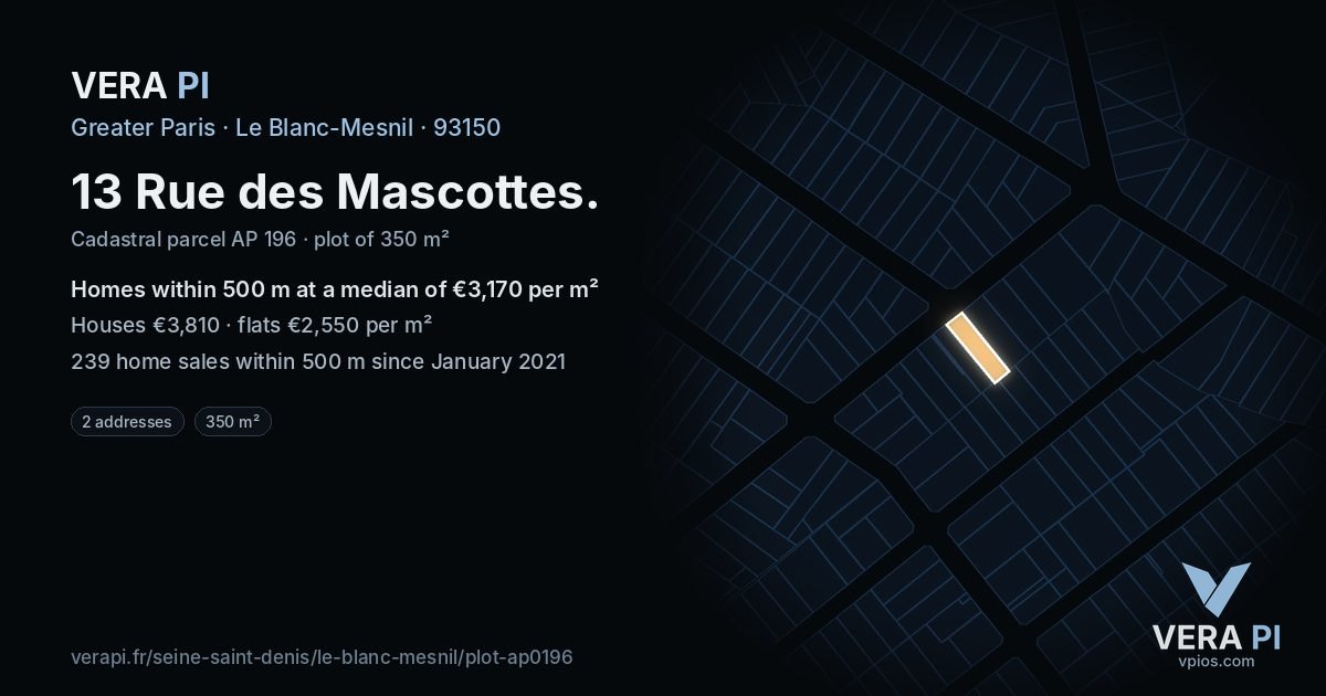 13 Rue des Mascottes, Le Blanc-Mesnil at night – the plot lit, the parcels around coloured by the prices near them