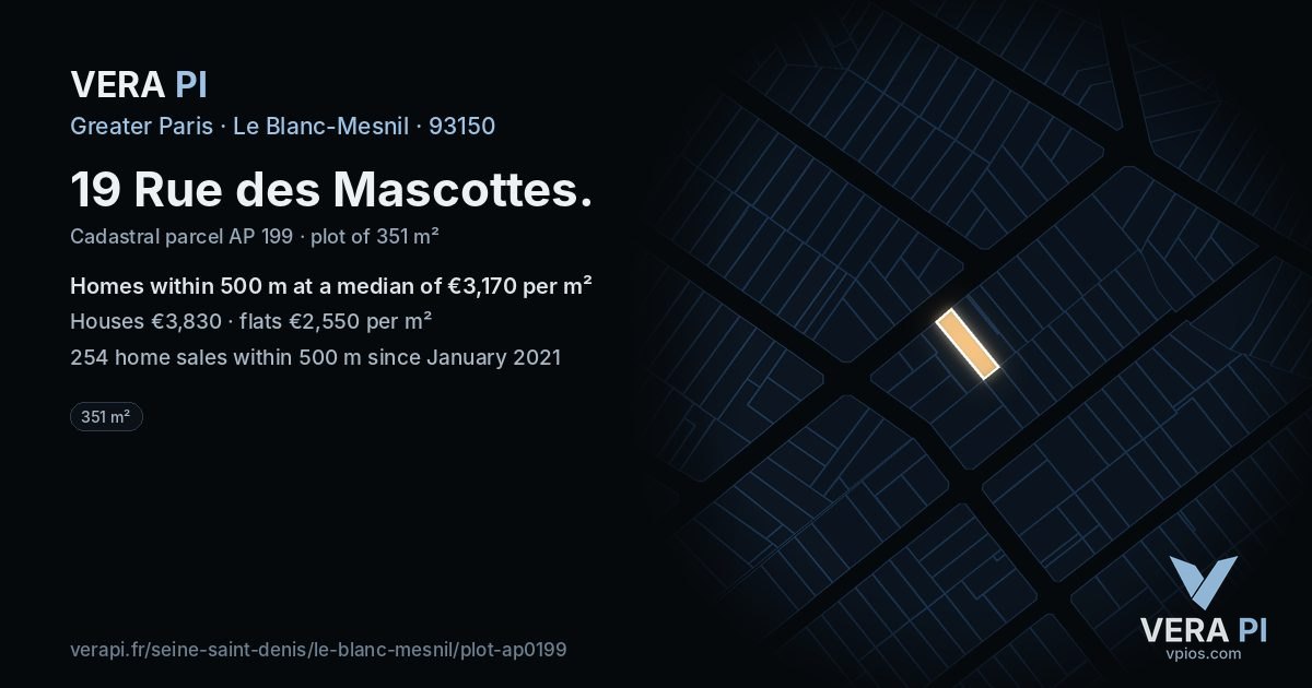 19 Rue des Mascottes, Le Blanc-Mesnil at night – the plot lit, the parcels around coloured by the prices near them