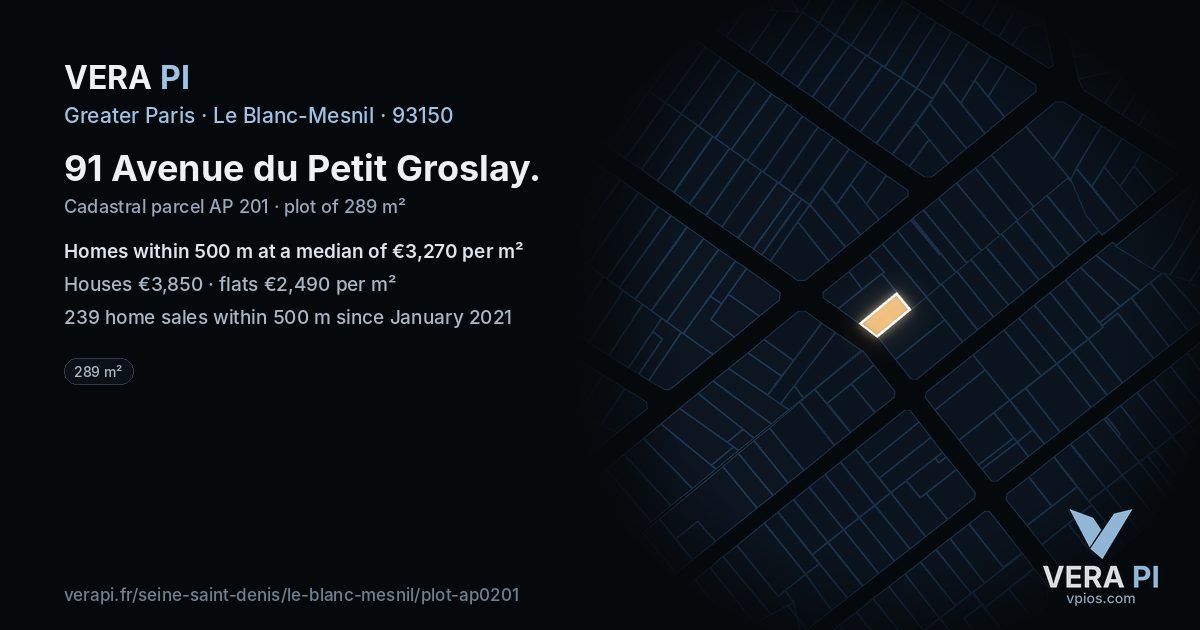 91 Avenue du Petit Groslay, Le Blanc-Mesnil at night – the plot lit, the parcels around coloured by the prices near them