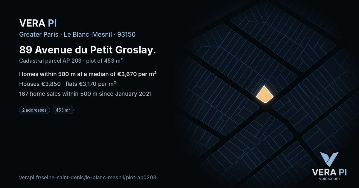 89 Avenue du Petit Groslay, Le Blanc-Mesnil at night – the plot lit, the parcels around coloured by the prices near them