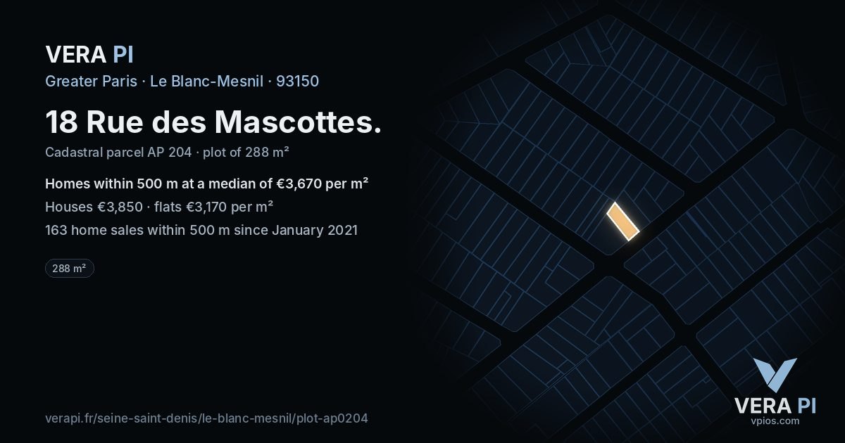 18 Rue des Mascottes, Le Blanc-Mesnil at night – the plot lit, the parcels around coloured by the prices near them