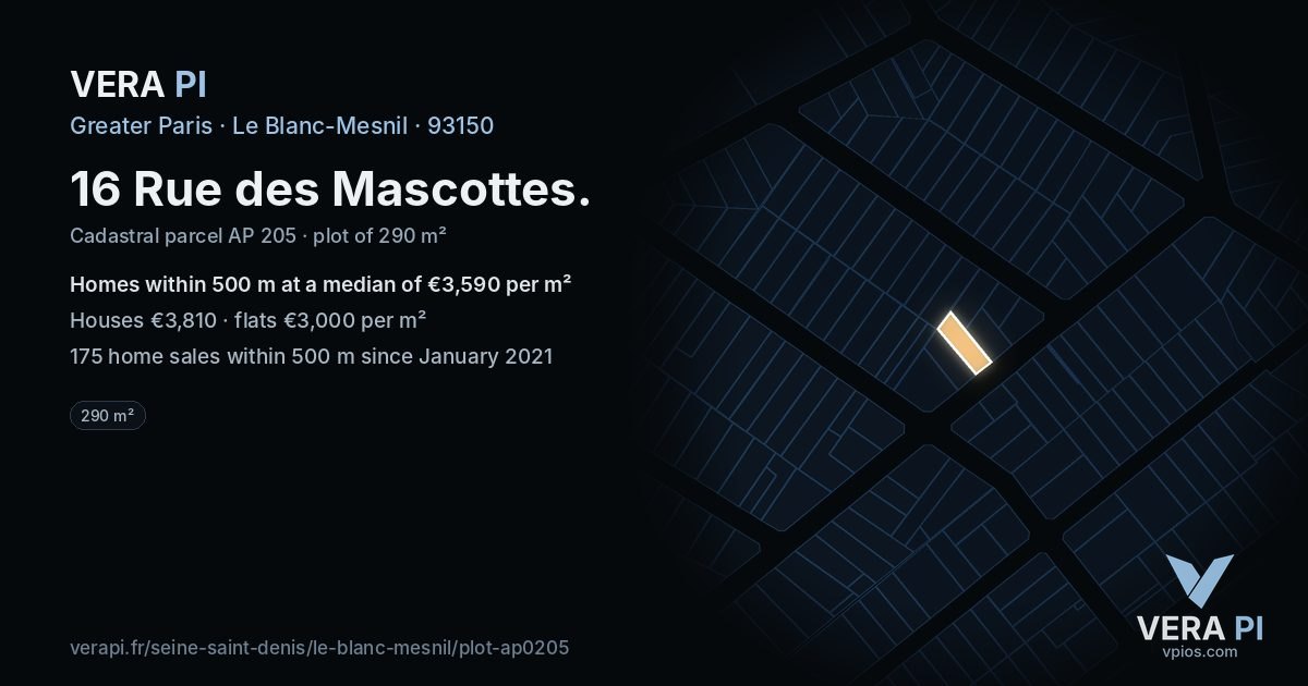 16 Rue des Mascottes, Le Blanc-Mesnil at night – the plot lit, the parcels around coloured by the prices near them