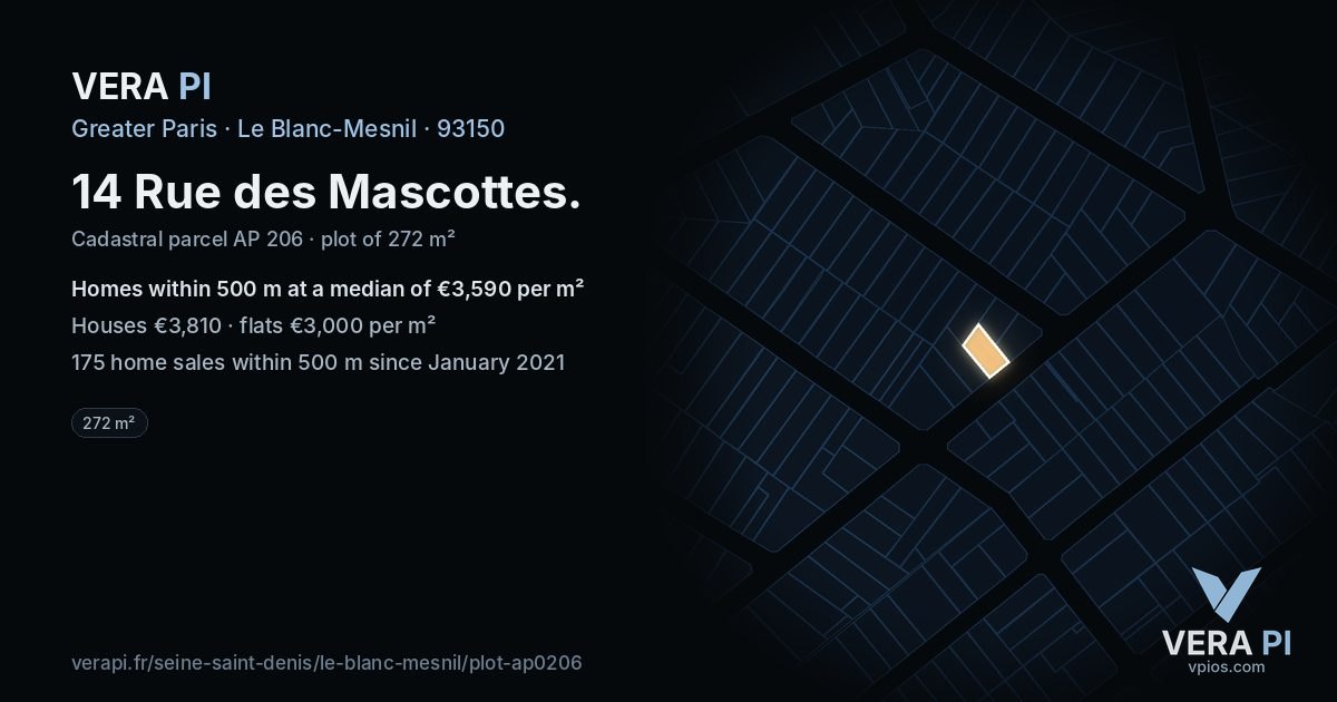 14 Rue des Mascottes, Le Blanc-Mesnil at night – the plot lit, the parcels around coloured by the prices near them