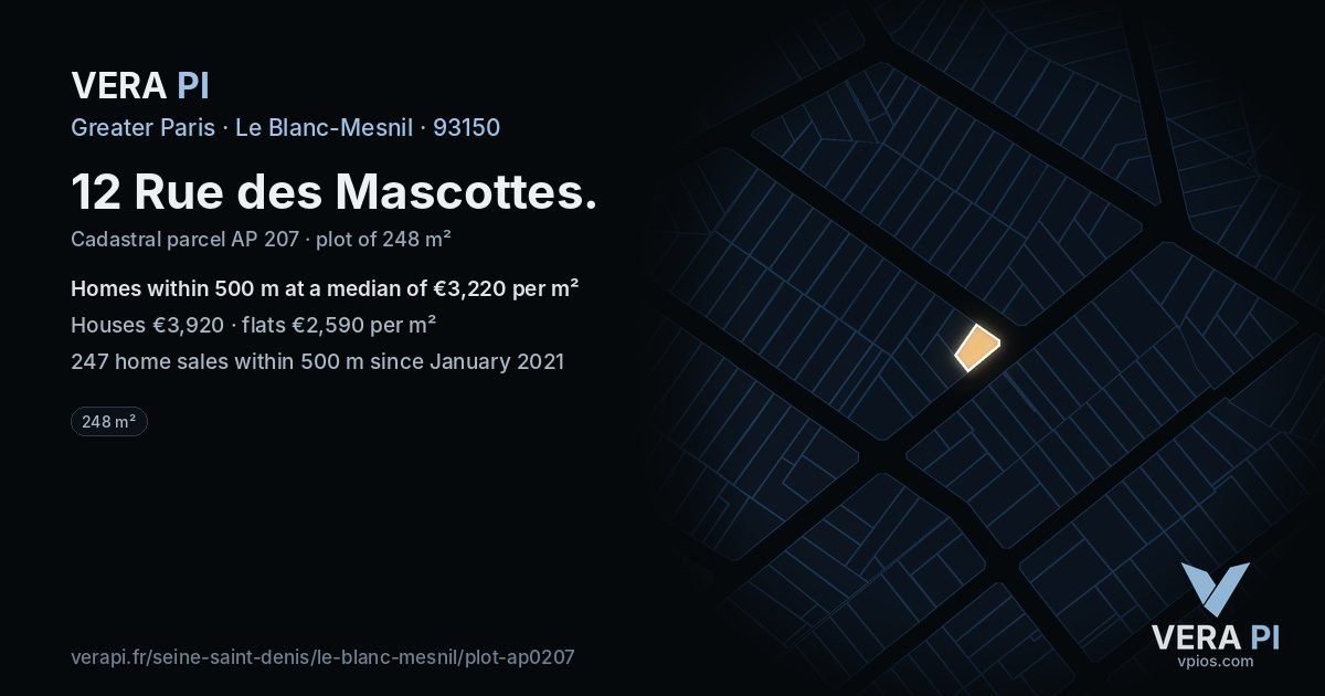 12 Rue des Mascottes, Le Blanc-Mesnil at night – the plot lit, the parcels around coloured by the prices near them