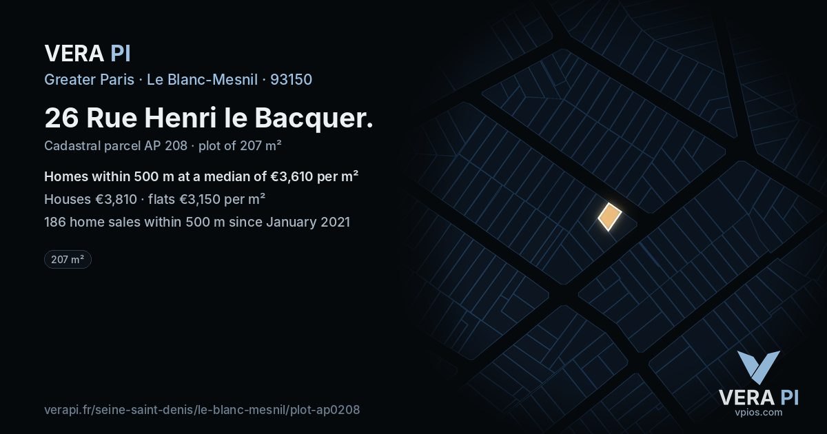 26 Rue Henri le Bacquer, Le Blanc-Mesnil at night – the plot lit, the parcels around coloured by the prices near them