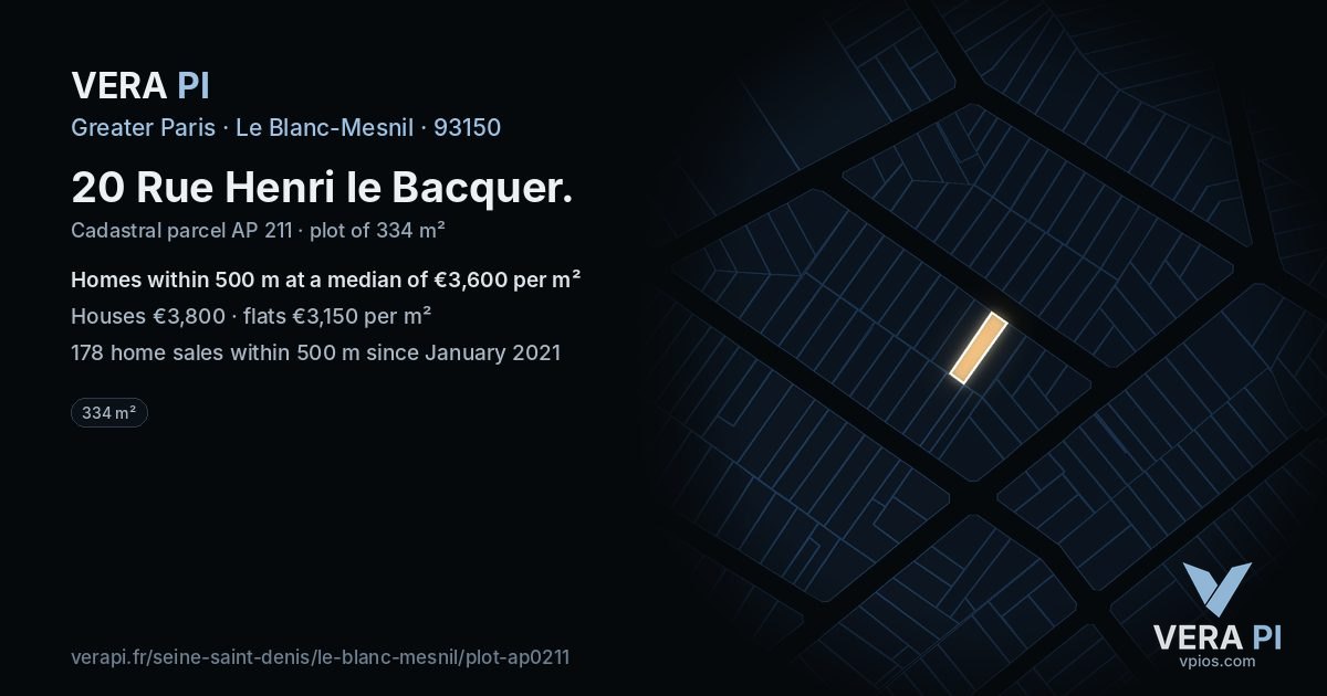 20 Rue Henri le Bacquer, Le Blanc-Mesnil at night – the plot lit, the parcels around coloured by the prices near them