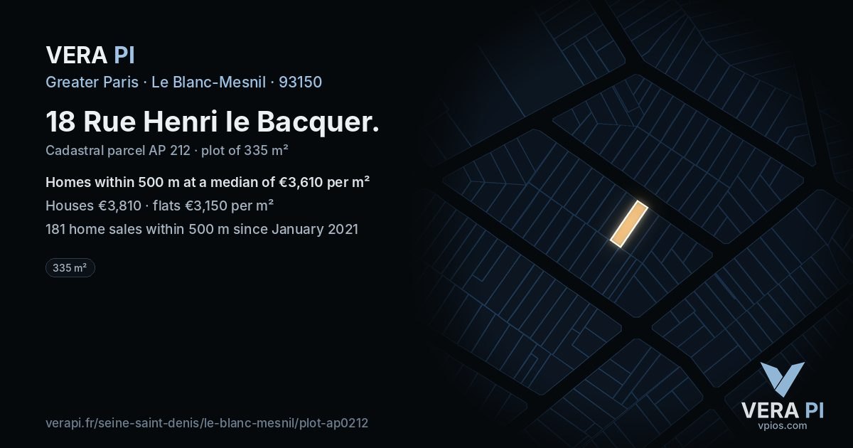 18 Rue Henri le Bacquer, Le Blanc-Mesnil at night – the plot lit, the parcels around coloured by the prices near them