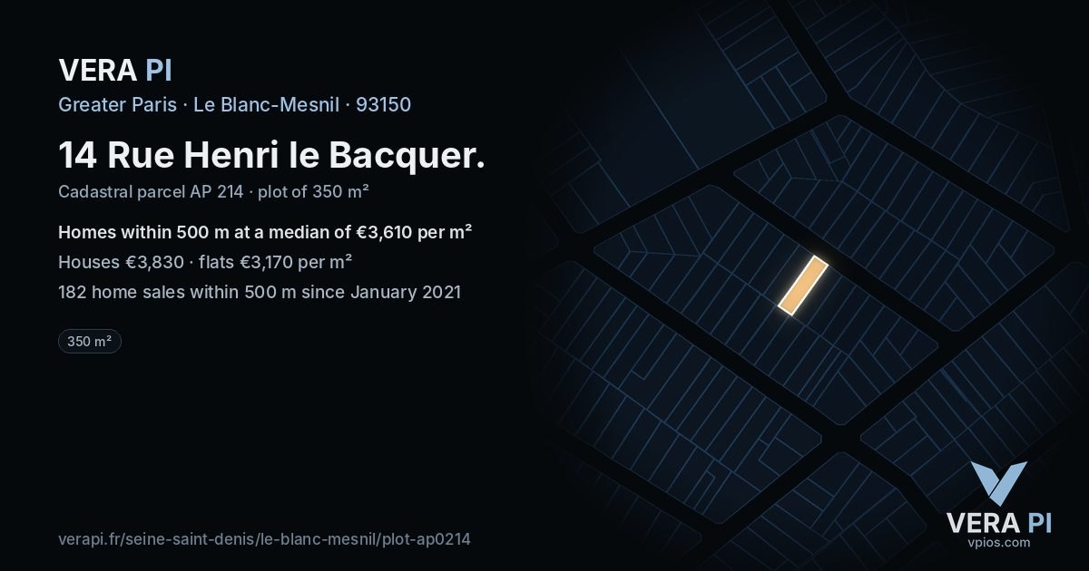 14 Rue Henri le Bacquer, Le Blanc-Mesnil at night – the plot lit, the parcels around coloured by the prices near them