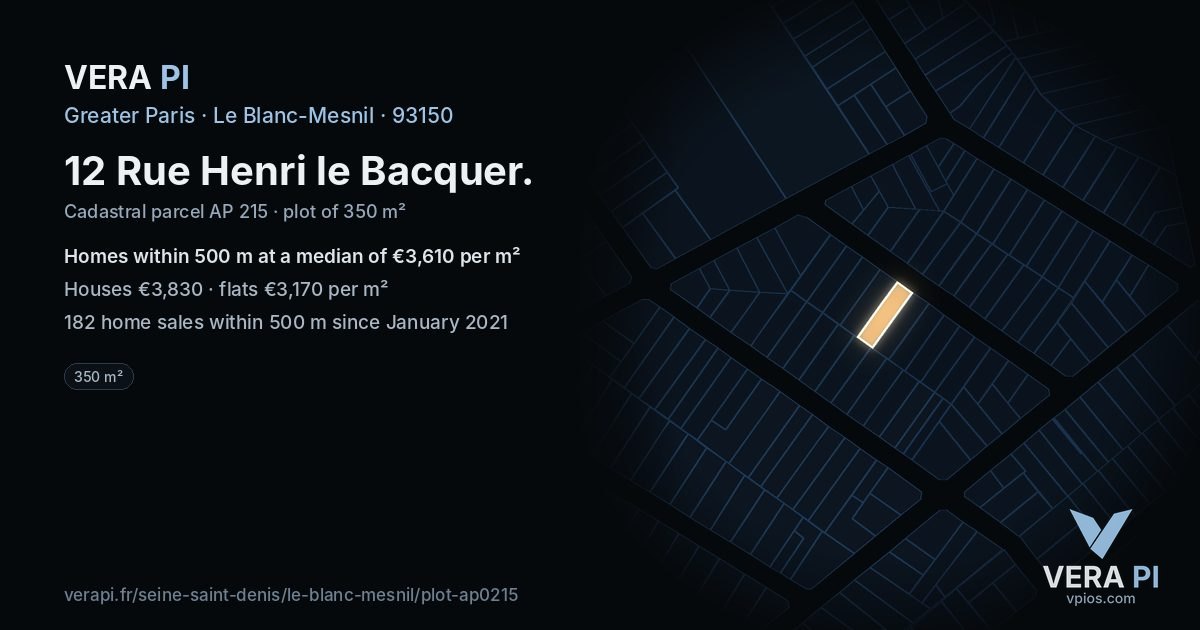 12 Rue Henri le Bacquer, Le Blanc-Mesnil at night – the plot lit, the parcels around coloured by the prices near them