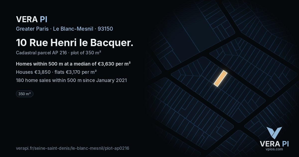 10 Rue Henri le Bacquer, Le Blanc-Mesnil at night – the plot lit, the parcels around coloured by the prices near them