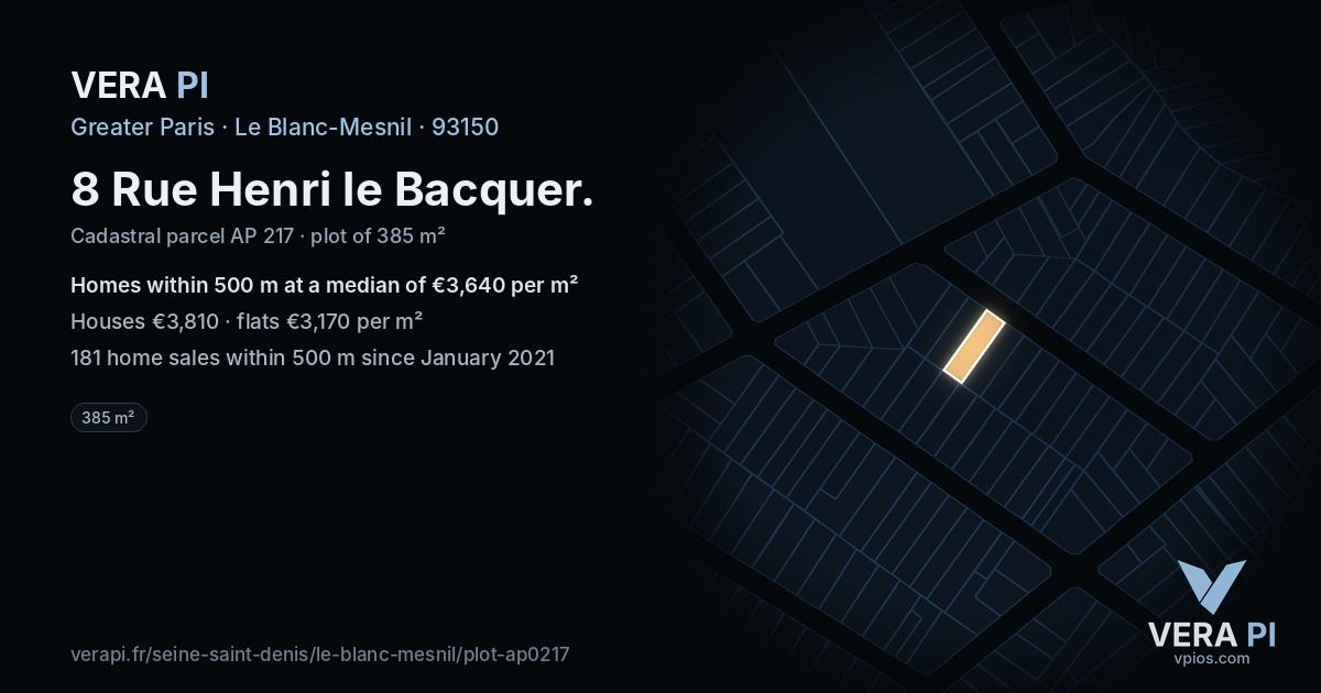 8 Rue Henri le Bacquer, Le Blanc-Mesnil at night – the plot lit, the parcels around coloured by the prices near them