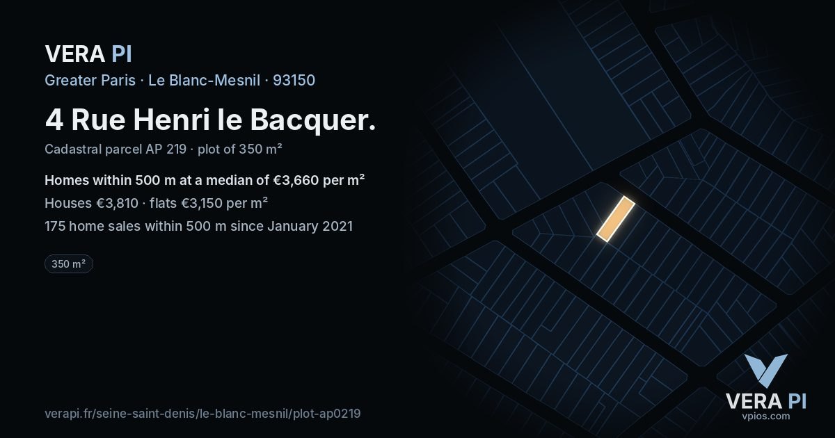 4 Rue Henri le Bacquer, Le Blanc-Mesnil at night – the plot lit, the parcels around coloured by the prices near them