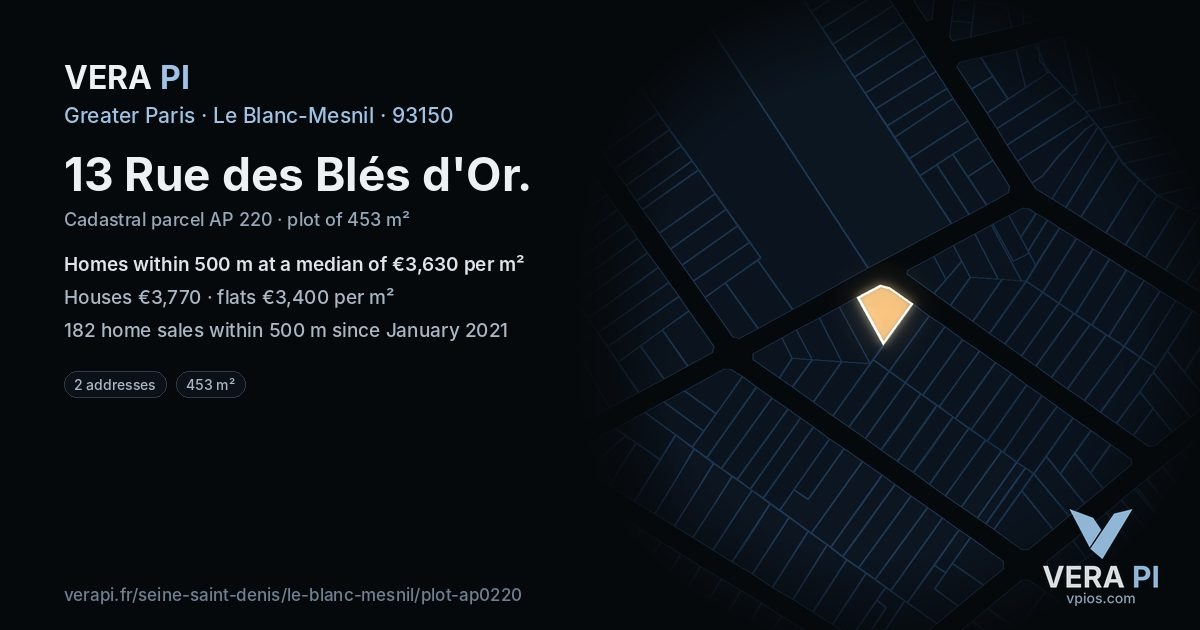 13 Rue des Blés d'Or, Le Blanc-Mesnil at night – the plot lit, the parcels around coloured by the prices near them