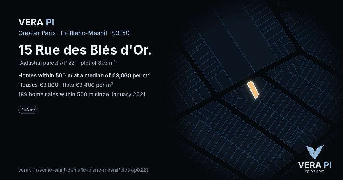15 Rue des Blés d'Or, Le Blanc-Mesnil at night – the plot lit, the parcels around coloured by the prices near them