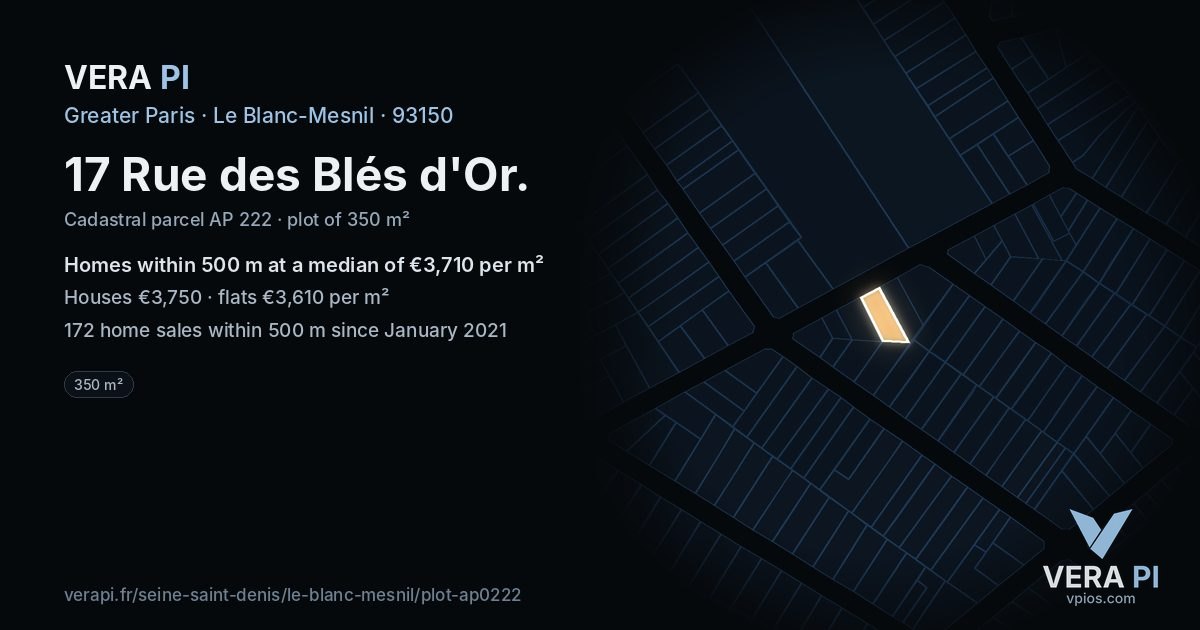 17 Rue des Blés d'Or, Le Blanc-Mesnil at night – the plot lit, the parcels around coloured by the prices near them