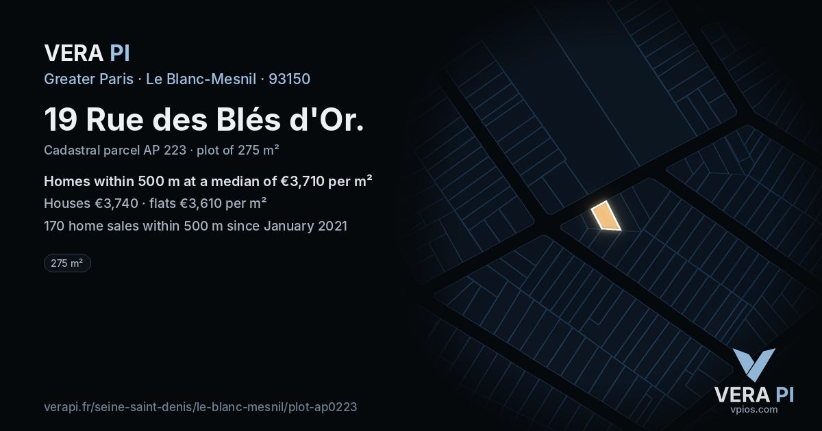 19 Rue des Blés d'Or, Le Blanc-Mesnil at night – the plot lit, the parcels around coloured by the prices near them