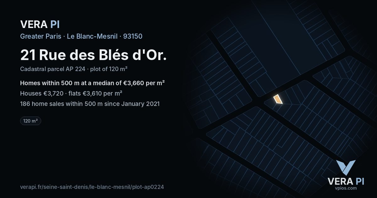 21 Rue des Blés d'Or, Le Blanc-Mesnil at night – the plot lit, the parcels around coloured by the prices near them