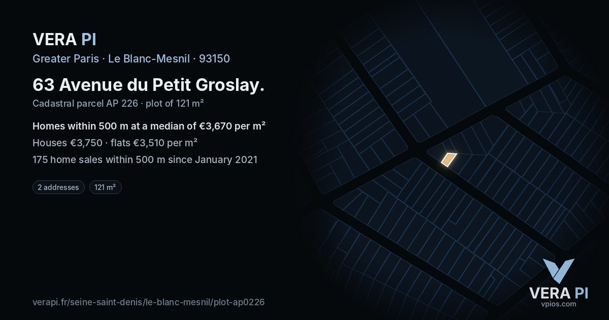 63 Avenue du Petit Groslay, Le Blanc-Mesnil at night – the plot lit, the parcels around coloured by the prices near them
