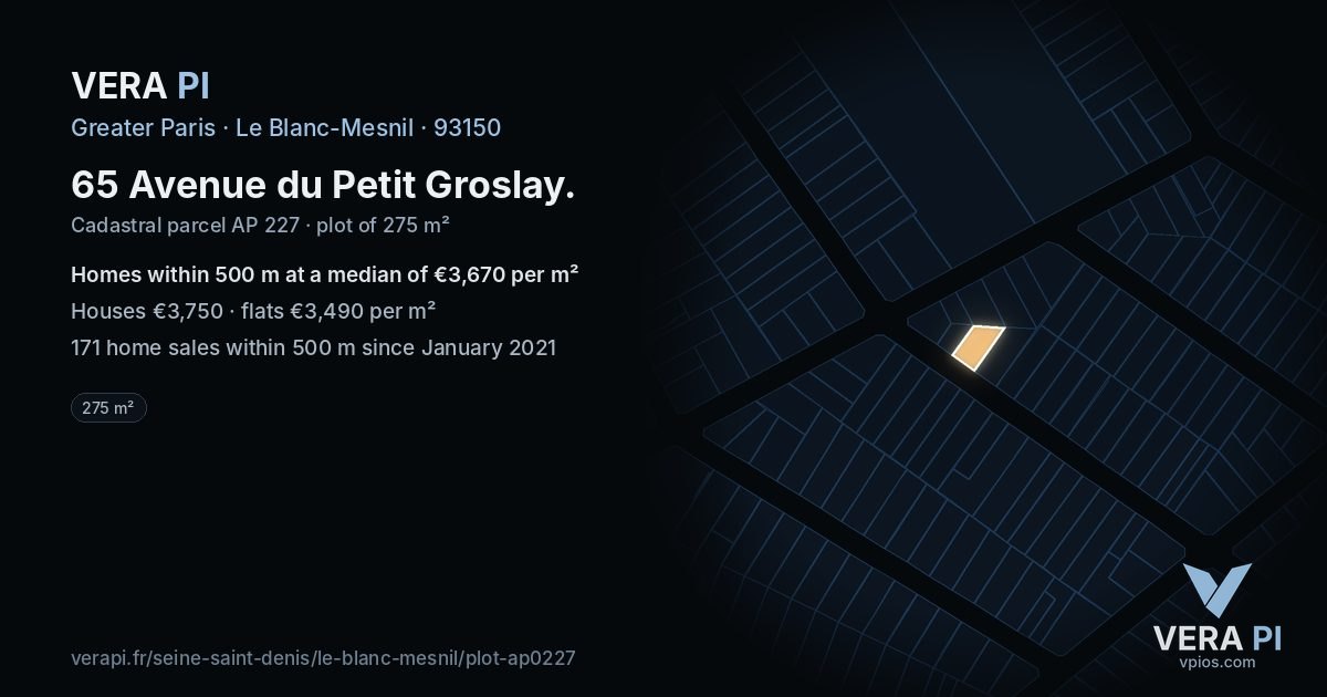 65 Avenue du Petit Groslay, Le Blanc-Mesnil at night – the plot lit, the parcels around coloured by the prices near them