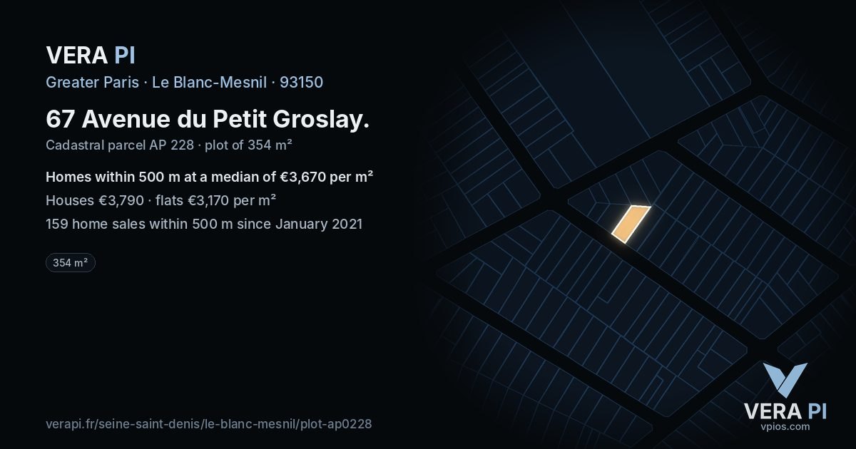 67 Avenue du Petit Groslay, Le Blanc-Mesnil at night – the plot lit, the parcels around coloured by the prices near them