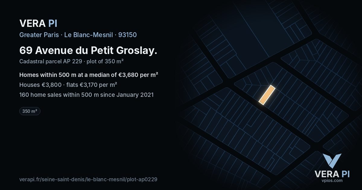 69 Avenue du Petit Groslay, Le Blanc-Mesnil at night – the plot lit, the parcels around coloured by the prices near them