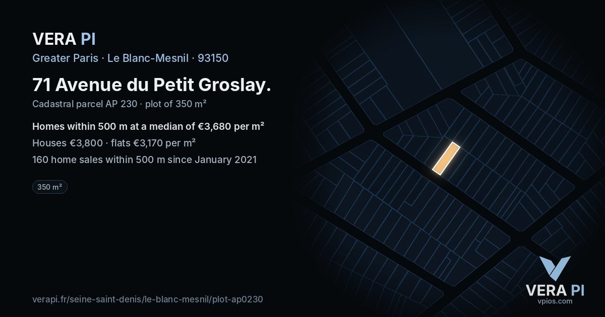 71 Avenue du Petit Groslay, Le Blanc-Mesnil at night – the plot lit, the parcels around coloured by the prices near them