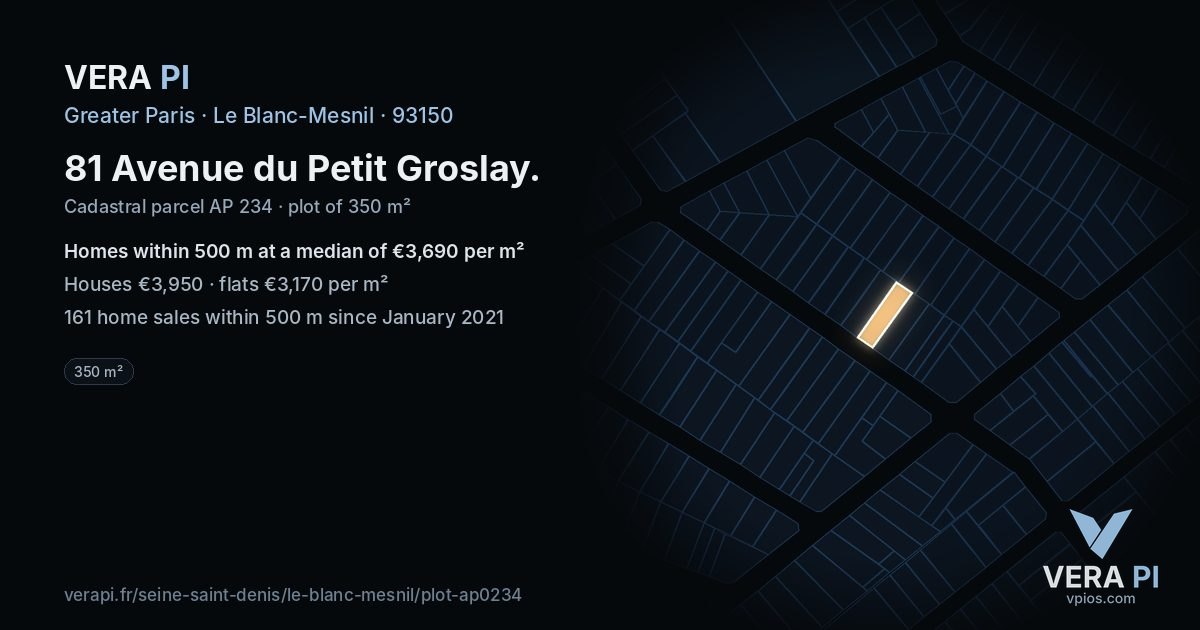 81 Avenue du Petit Groslay, Le Blanc-Mesnil at night – the plot lit, the parcels around coloured by the prices near them